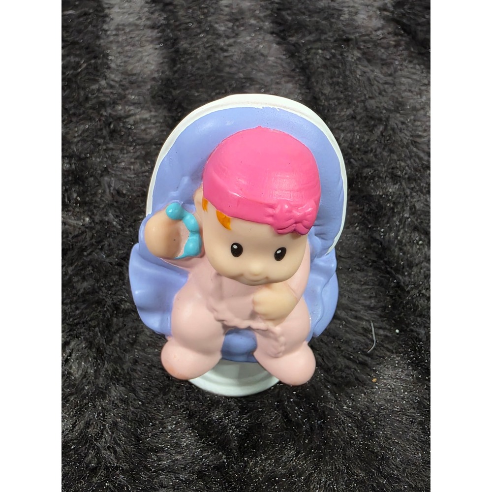 Fisher Price Little People Baby in Blue Seat Pink Hat Rattle Figure 2012 Mattel
